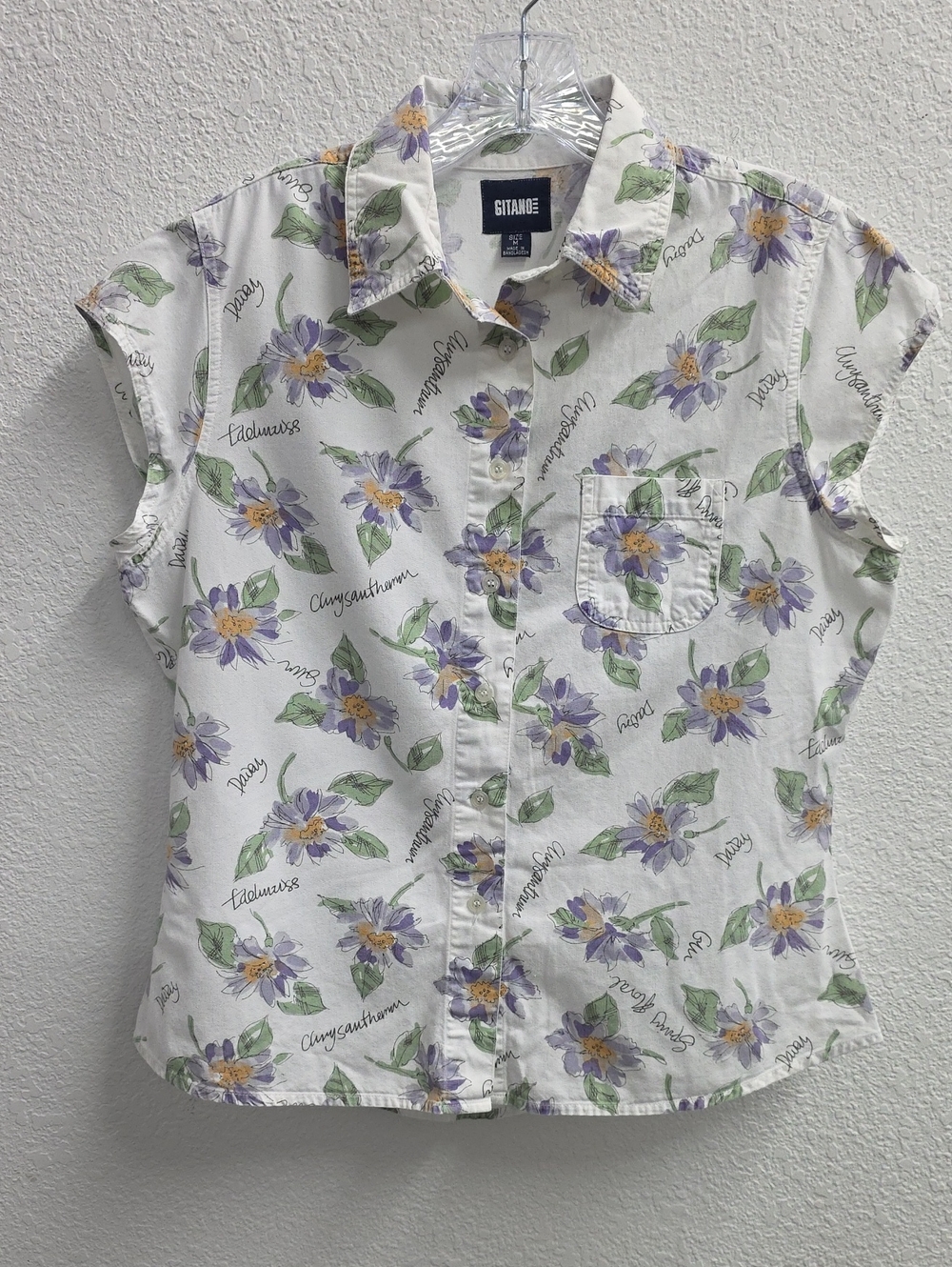 Gitano Vintage Floral Print Button Camp Shirt White Purple Size M
